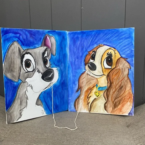 Lady and the Tramp hand painted watercolor on flat canvas 11”x14” - Picture 2 of 3